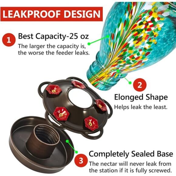 Hummingbird Feeders for Outdoors with Ant Guard, Blown Glass Hummingbird - Picture 3 of 7